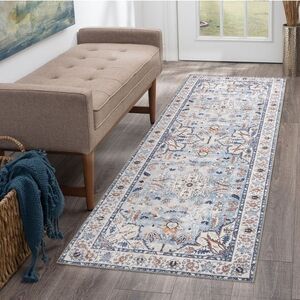 NWT! Washable traditional Floral Blue Cream Runner Rug 2 X 6